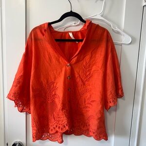 Anthropologie Vibrant Orange Embroidered Blouse